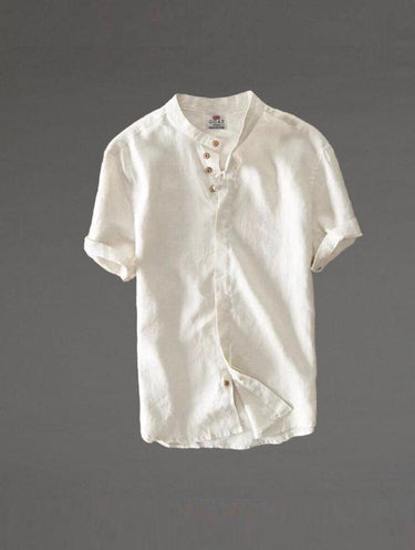 Camisa de lino abotonada manga corta azul